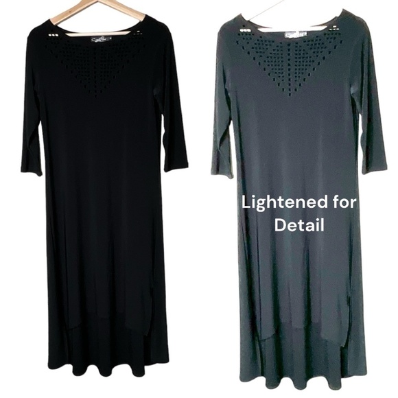SYMPLI Black Midi Dress Hi-Lo Hem 3/4 Sleeves Laser Cut Bodice Detail US SZ 6 - Picture 1 of 9